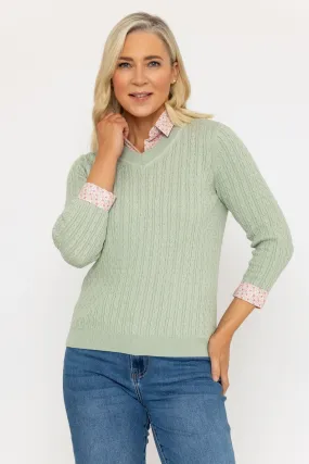 Shirt Collar Cable Knit Jumper in Green