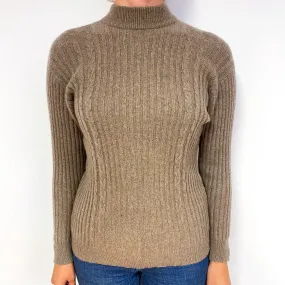 Taupe Brown Rib Cashmere Turtle Neck Jumper Small