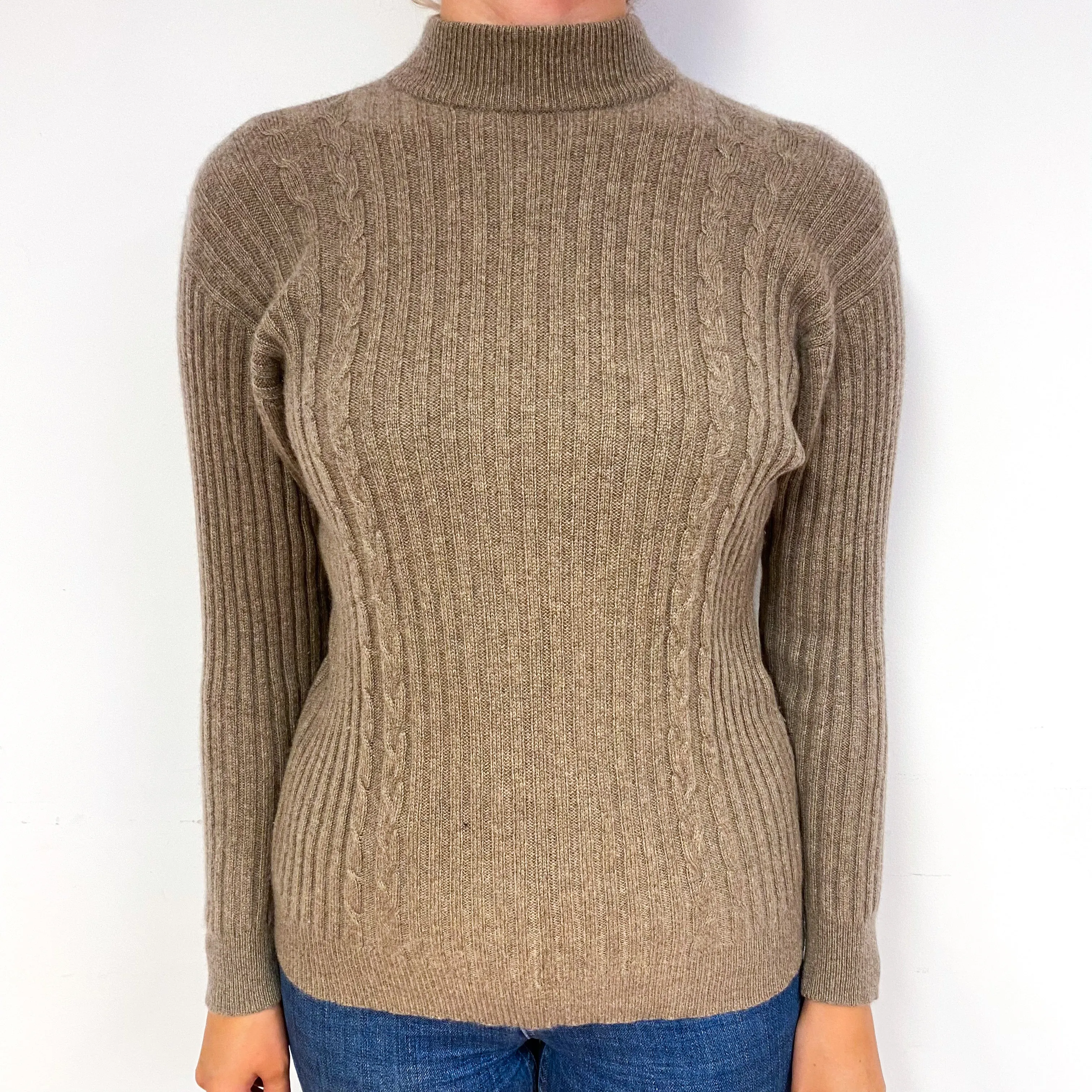 Taupe Brown Rib Cashmere Turtle Neck Jumper Small
