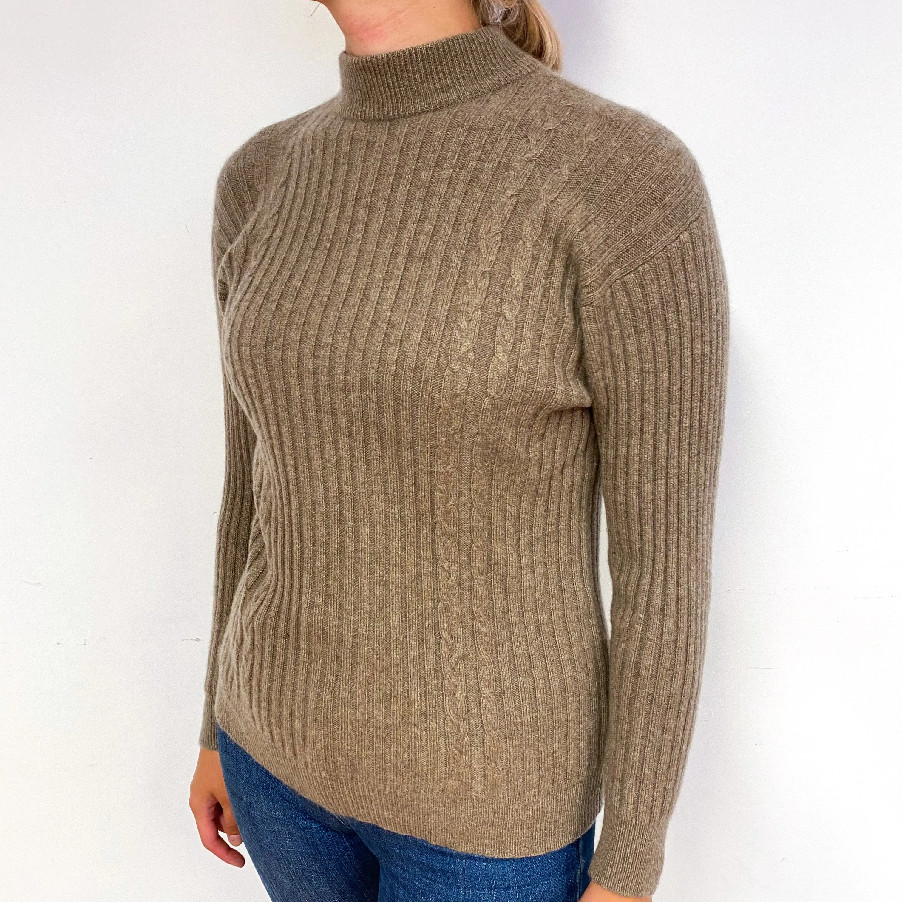 Taupe Brown Rib Cashmere Turtle Neck Jumper Small