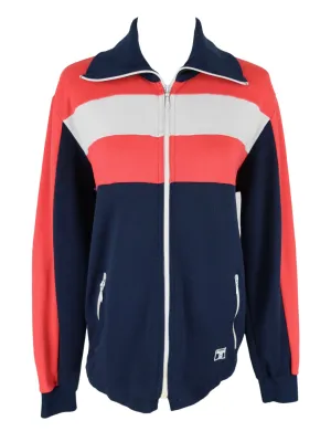 Vintage 80s Mod Athletic Streetwear Colorblock Blue Red & White Collared Zip Up Sports Track Jacket | Women's Size L